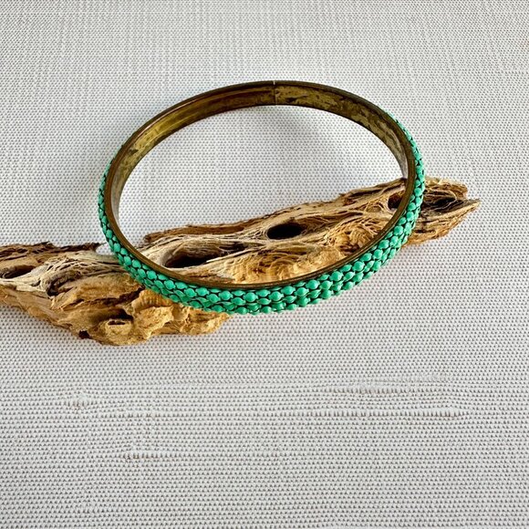 Vintage Brass Bangle with Green Metal Studs - Picture 6 of 8